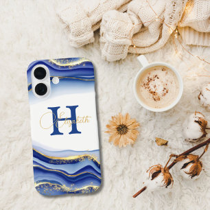 Blue Gold Alcohol Ink Monogram Name Initial  iPhone 16 Case