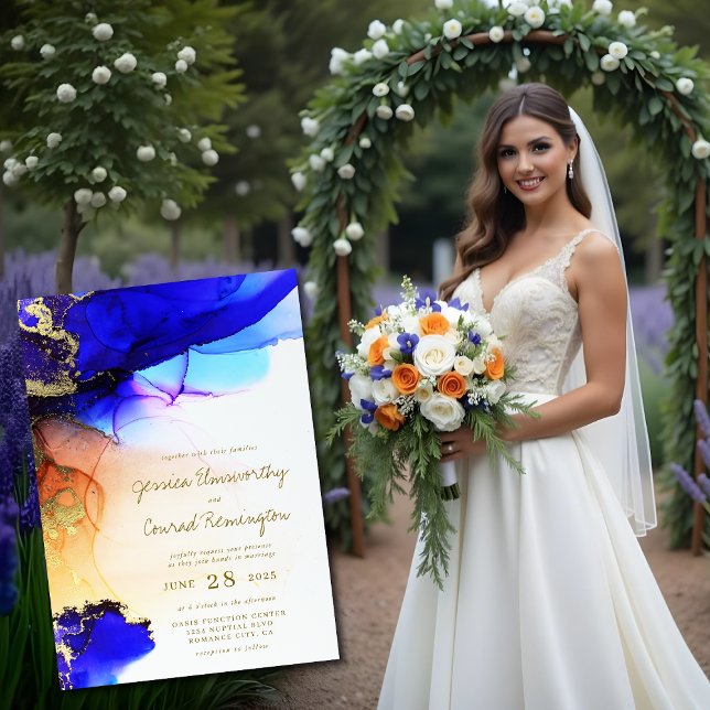 Blue Gold Alcohol Ink Wedding Invitation (Blue Gold Alcohol Ink Wedding Invitation. Model is AI Gen. )