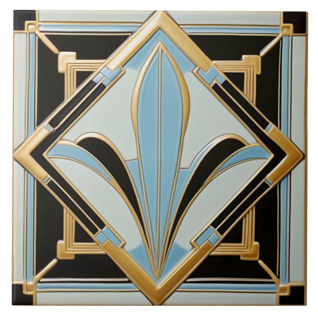 Blue Gold and Black Art Deco Ceramic Tile. Ceramic Tile (Front)