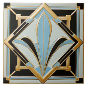 Blue Gold and Black Art Deco Ceramic Tile. Tile