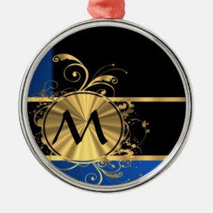 Blue gold and black monogram metal tree decoration