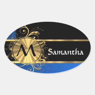 Blue gold and black monogram oval sticker
