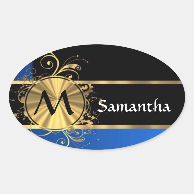 Blue gold and black monogram oval sticker (Front)