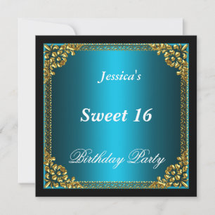 Blue Gold and Black Sweet 16 Birthday Party Invitation