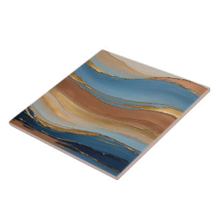 Blue gold and bronze brush strokes ceramic tile