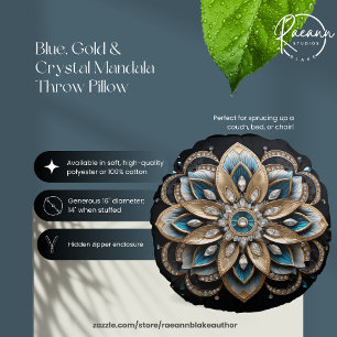 Blue, Gold and Crystal Mandala Round Pillow