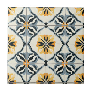 Blue Gold and Off White Pattern Ceramic Tile