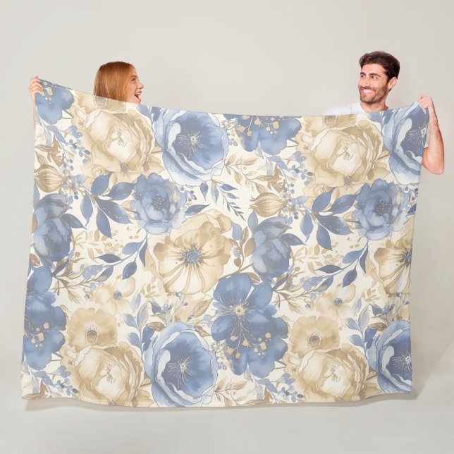 Blue Gold and Tan Floral  Fleece Blanket (In Situ)