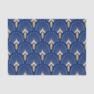 Blue, Gold and White Art Deco Fan Flowers Motif  Tissue Paper