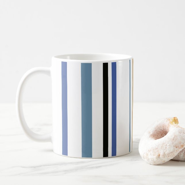 Blue Gold and White Beach Colour Stripes Coffee Mug (With Donut)