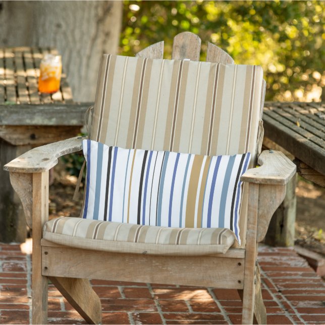 Blue gold and white Beach Stripes Coastal Lumbar Cushion (Chair)