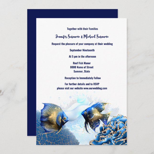 Blue gold angel fish island reef beach chic invitation (Front/Back)