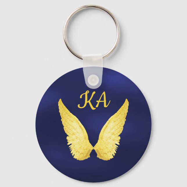 Blue gold angel wings monogram key ring (Front)