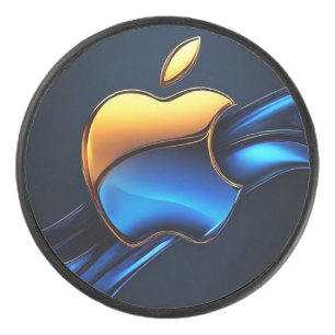 Blue Gold Apple Symbol With Flowing Abstract Detai Hockey Puck