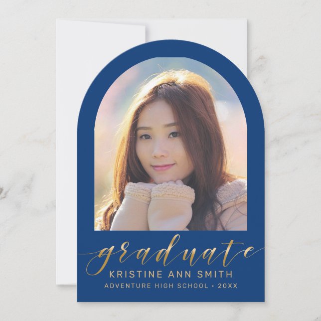 Blue Gold Arch 2 Photo Graduation Announcement (Front)