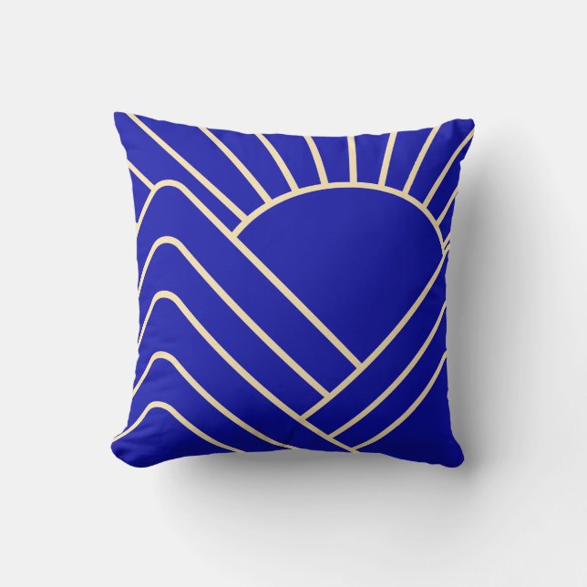 Blue Gold Art Deco Abstract Landscape Cushion (Front)