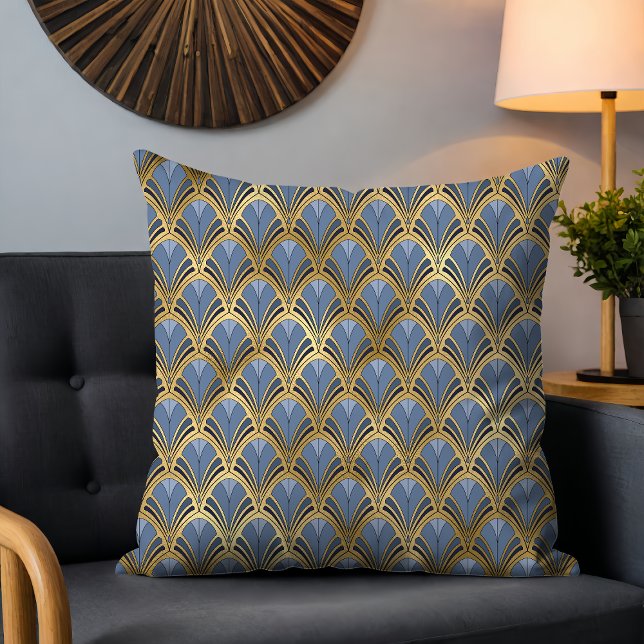 Blue Gold Art Deco Fan Pattern Cushion (Creator Uploaded)