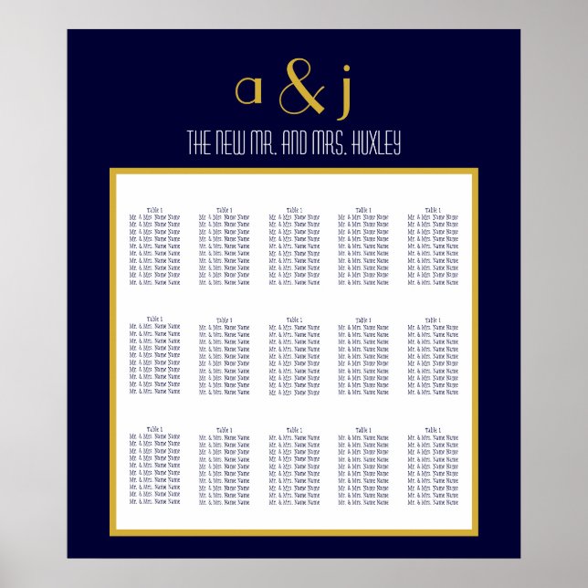 Blue Gold Art Deco Wedding Seating Chart 150 (Front)
