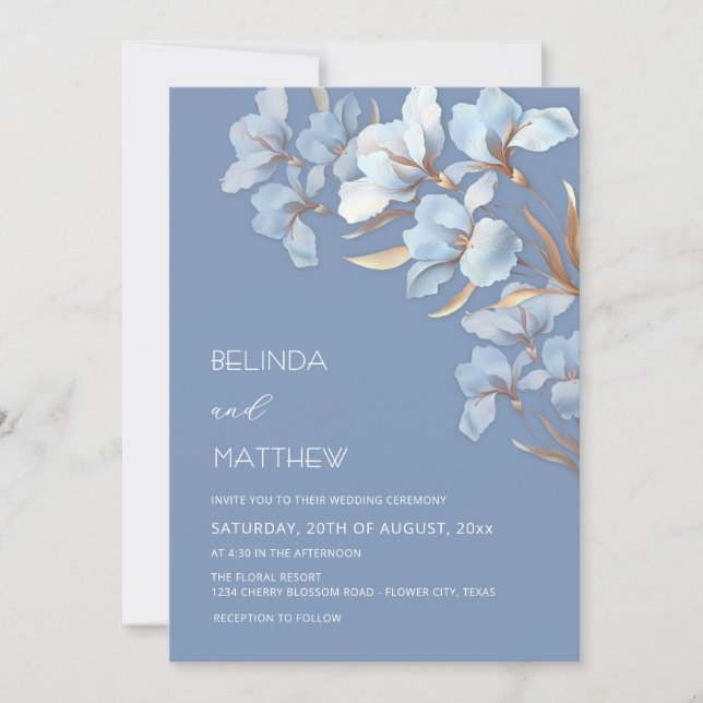 Blue Gold Artistic Flowers  Invitation (Front)