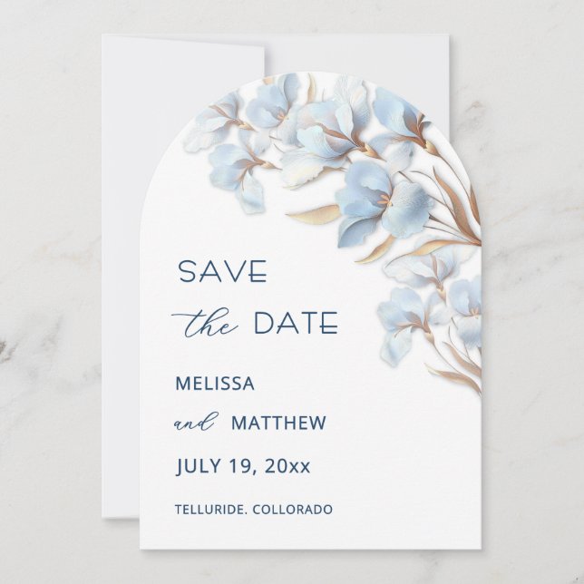 Blue Gold Artistic Flowers Save The Date (Front)