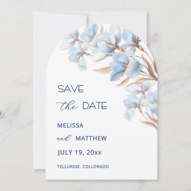 Blue Gold Artistic Flowers Save The Date (Front)