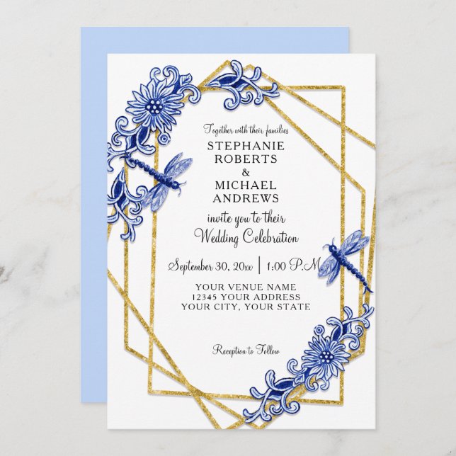 Blue Gold Asian Dragonfly China Flowers Watercolor Invitation (Front/Back)