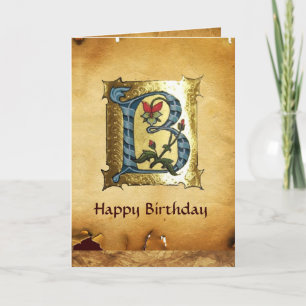 BLUE GOLD B LETTER WITH FLOWERS MONOGRAM Birthday Card