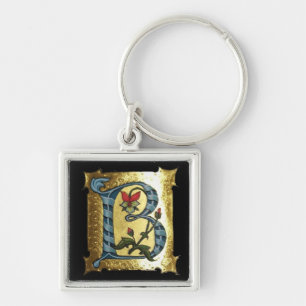 BLUE GOLD B LETTER WITH FLOWERS MONOGRAM KEY RING