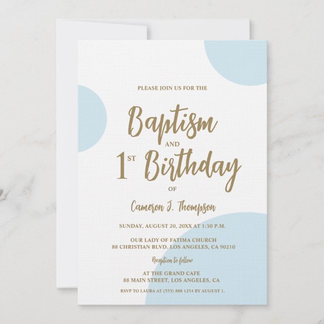 Blue Gold Baby Baptism and 1st Birthday joint Invitation (Front)