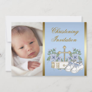 Blue Gold Baby Boy Photo Christening Invitations