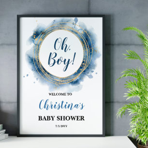 Blue Gold Baby Shower Oh boy Welcome Board Poster