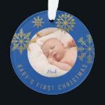 Blue Gold Babys First Christmas Gift Ornament<br><div class="desc">Bright navy gold Snowflakes Christmas holiday photo ornament for new parents who just had a baby. Personalise it by adding the name. Makes a perfect gift for your friends or family.</div>