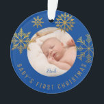 Blue Gold Babys First Christmas Gift Ornament<br><div class="desc">Bright navy gold Snowflakes Christmas holiday photo ornament for new parents who just had a baby. Personalise it by adding the name. Makes a perfect gift for your friends or family.</div>
