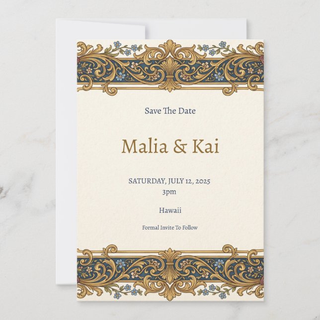 Blue Gold Baroque Save the Date Card (Front)