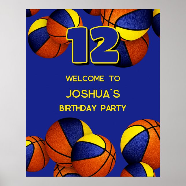 blue gold basketballs birthday party welcome poster (Front)