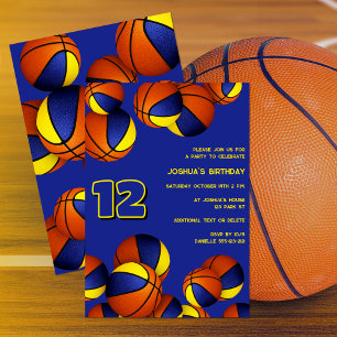 blue gold basketballs kids sports birthday invitation