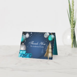 Blue Gold Bauble Christmas Holiday Thank You Card