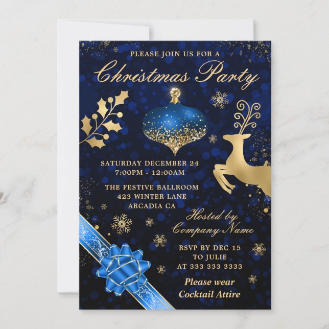 Blue & Gold Bauble & Ribbon Christmas Party Invitation (Front)