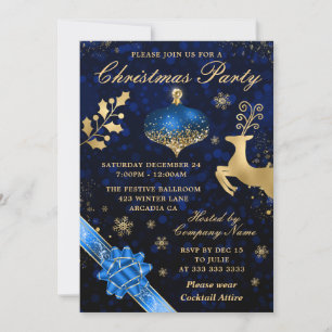 Blue & Gold Bauble & Ribbon Christmas Party Invitation
