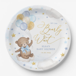 Blue Gold Bear with Balloons Clouds Stars Boy Baby Paper Plate