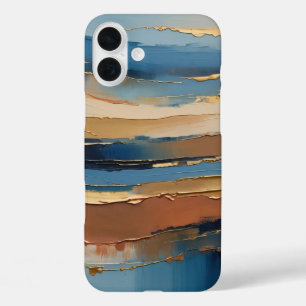 Blue gold beige and bronze textured stripes iPhone 16 plus case