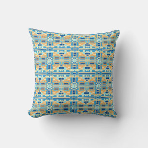 Blue Gold Beige Mediterranean Look Small Tiles Cushion