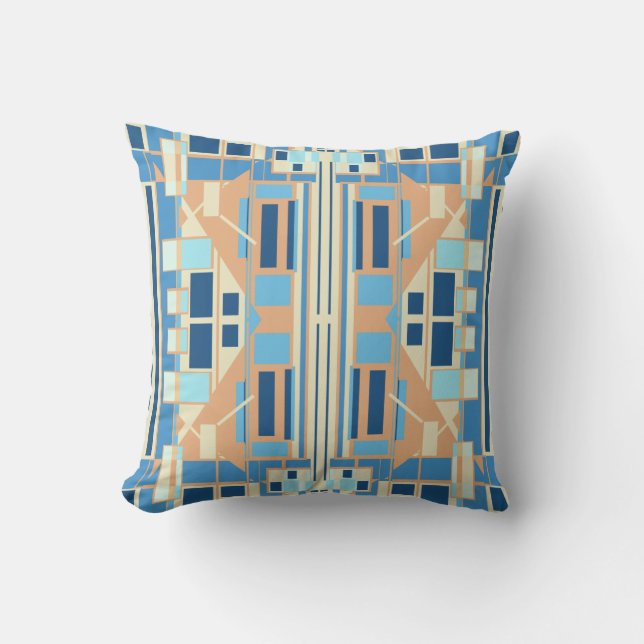 Blue Gold Beige Symmetrical Mediterranean Art Look Cushion (Front)