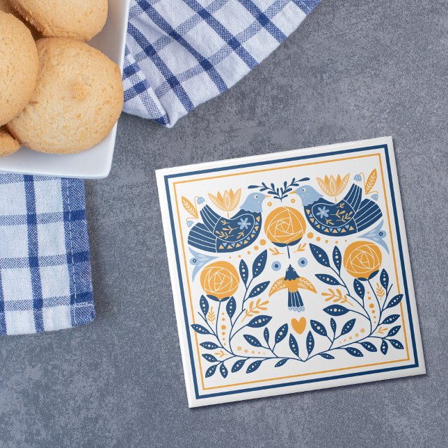 Blue Gold Bird Hygge Pattern Ceramic Tile (Creator Uploaded)