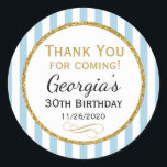 Blue Gold Birthday Thank You Coming Favour Tags<br><div class="desc">Elegant birthday stickers featuring light blue and white stripes with sophisticated gold glitter accent frame. These fashionable and stylish birthday stickers will be a hit for any birthday party decor and as favour tags. Great for 21st 30th 35th 40th 45th 50th 55th 60th 65th 70th 75th 80th 85th 90th 95th,...</div>