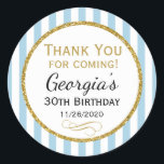 Blue Gold Birthday Thank You Coming Favour Tags<br><div class="desc">Elegant birthday stickers featuring light blue and white stripes with sophisticated gold glitter accent frame. These fashionable and stylish birthday stickers will be a hit for any birthday party decor and as favour tags. Great for 21st 30th 35th 40th 45th 50th 55th 60th 65th 70th 75th 80th 85th 90th 95th,...</div>