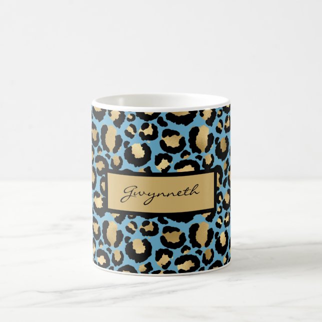 Blue Gold Black Leopard Print with Your Name Coffee Mug (Center)