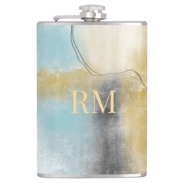 Blue Gold Black Lines Modern Original Art Hip Flask (Front)