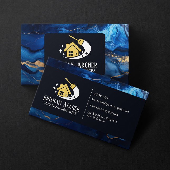 Blue Gold Black Marble House Cleaning Housekeeping Business Card (Creator Uploaded)