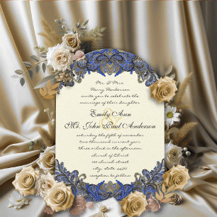 Blue Gold & Black Peacock Ivory Wedding Arch Shape Invitation